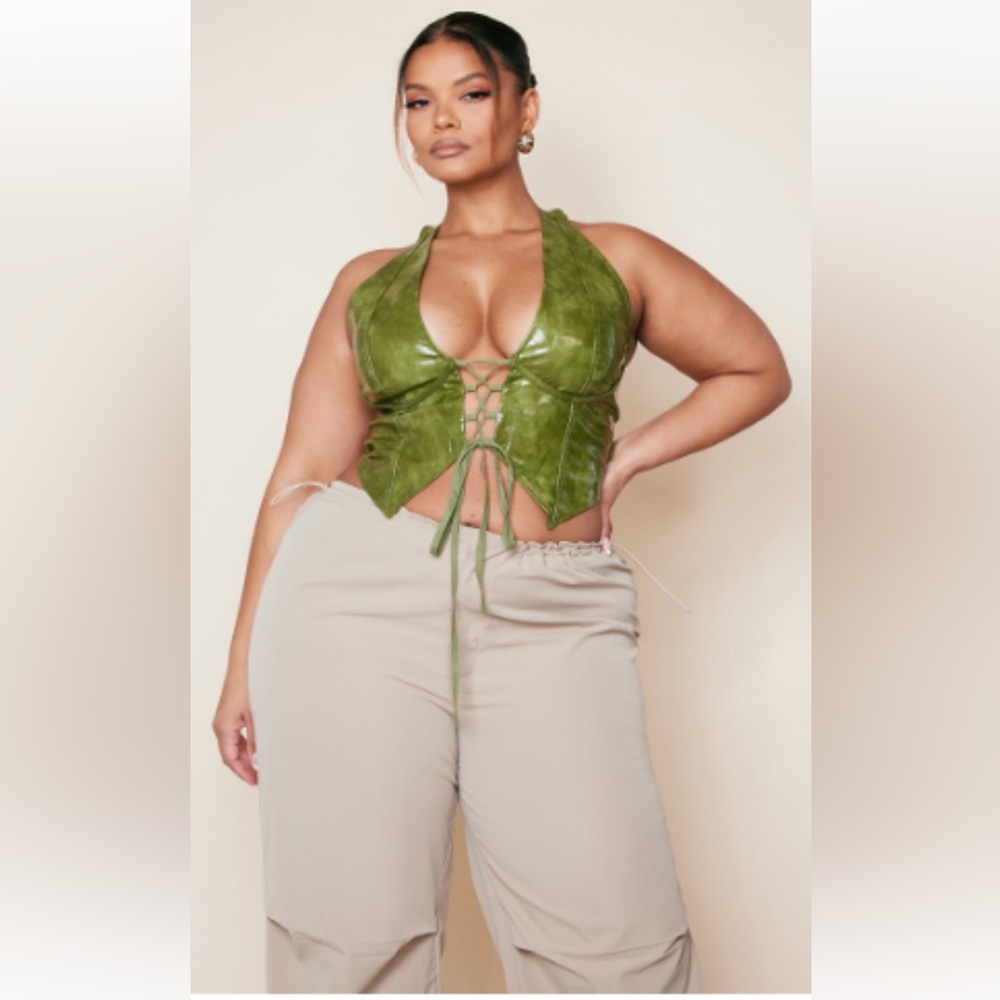 PLT Green Leather Halter Top